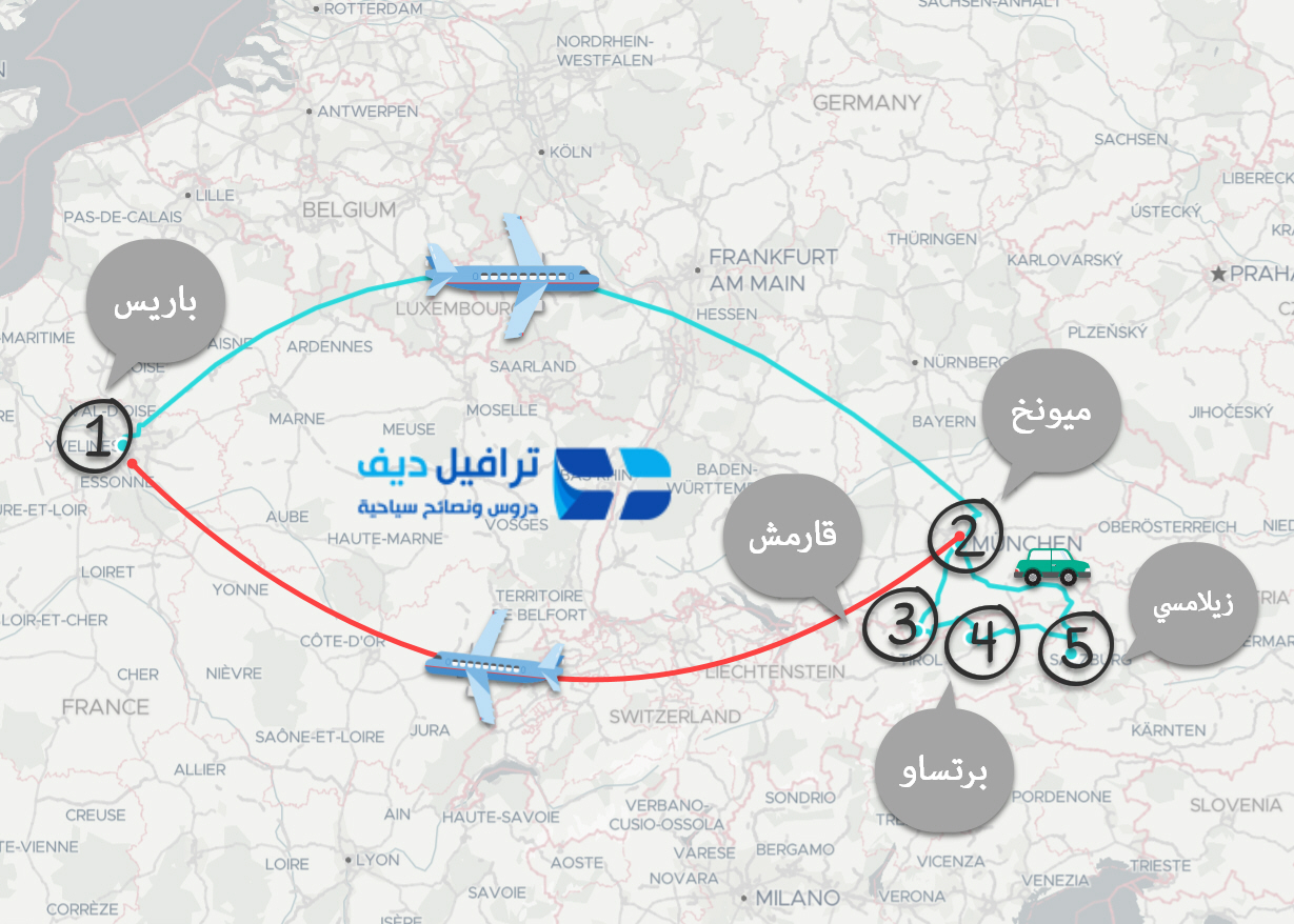 مسار رحلة شهر العسل في اوروبا باريس ميونخ و زيلامسي